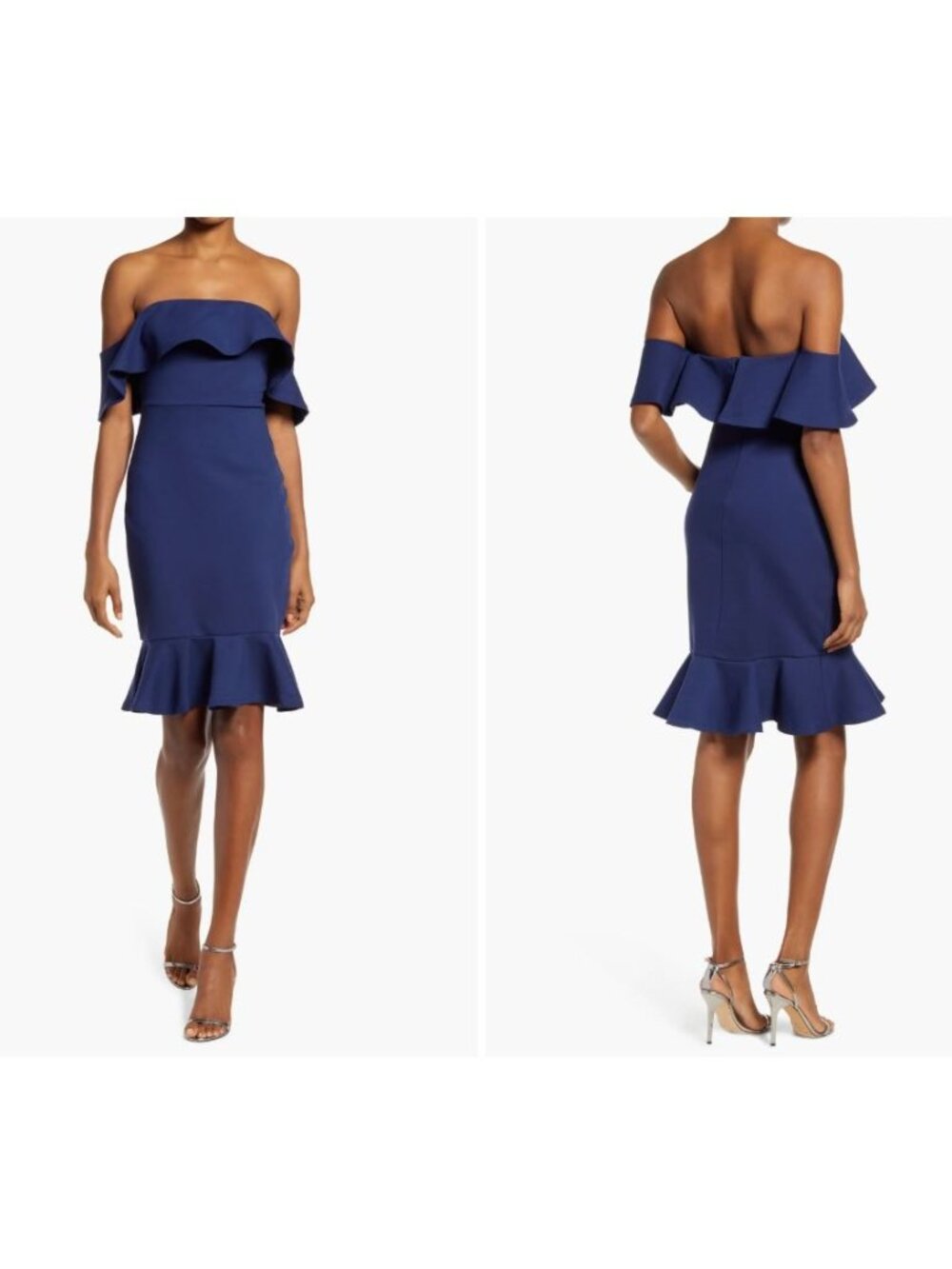 NWT Lulus Navy Blue Ruffle Hem Off-Shoulder Knee Length Cocktail Dress Womens M - Picture 10 of 10